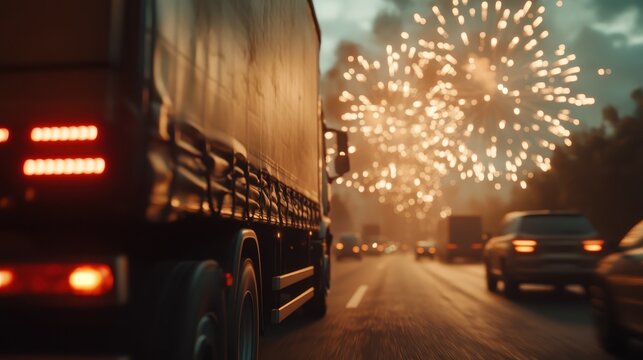 A stunning visual of a truck driving along a highway during nightfall, with bright fireworks bursting in the background, celebrating motion and festivity.