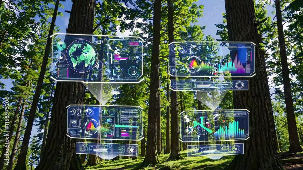 Poster exploring data visualization technologies in a forest setting during daytime hours