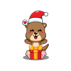 Cute otter happy with christmas gift cartoon vector illustration.