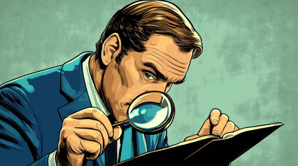 businessman closely examines book with magnifying glass, showcasing attention to detail and diligence in his work. This conveys sense of professionalism and curiosity