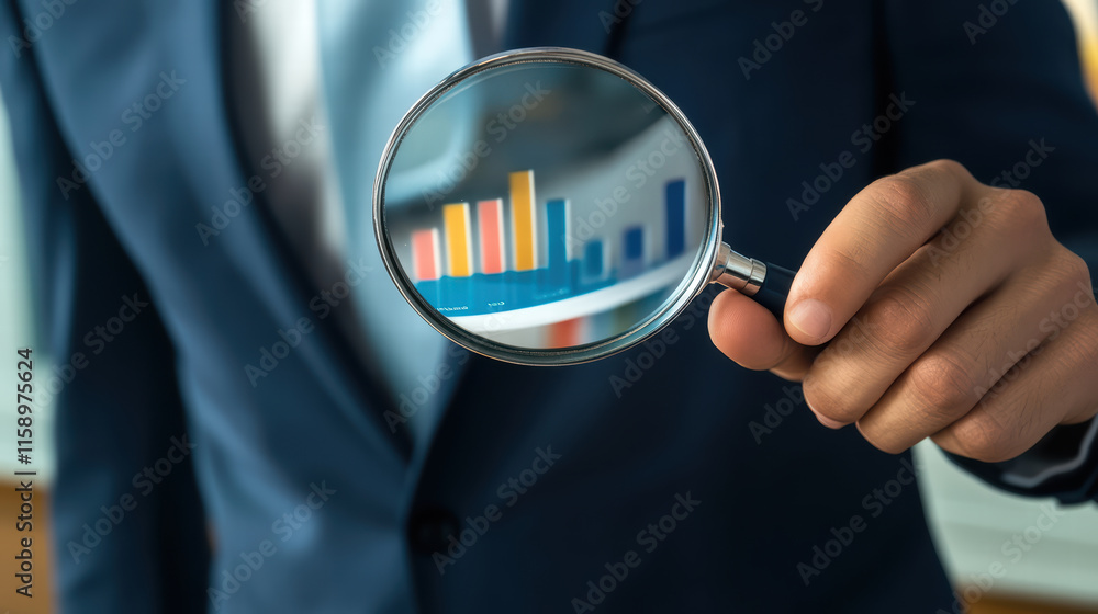 Aufkleber businessman examines bar graph through magnifying glass, highlighting data analysis and insights. im