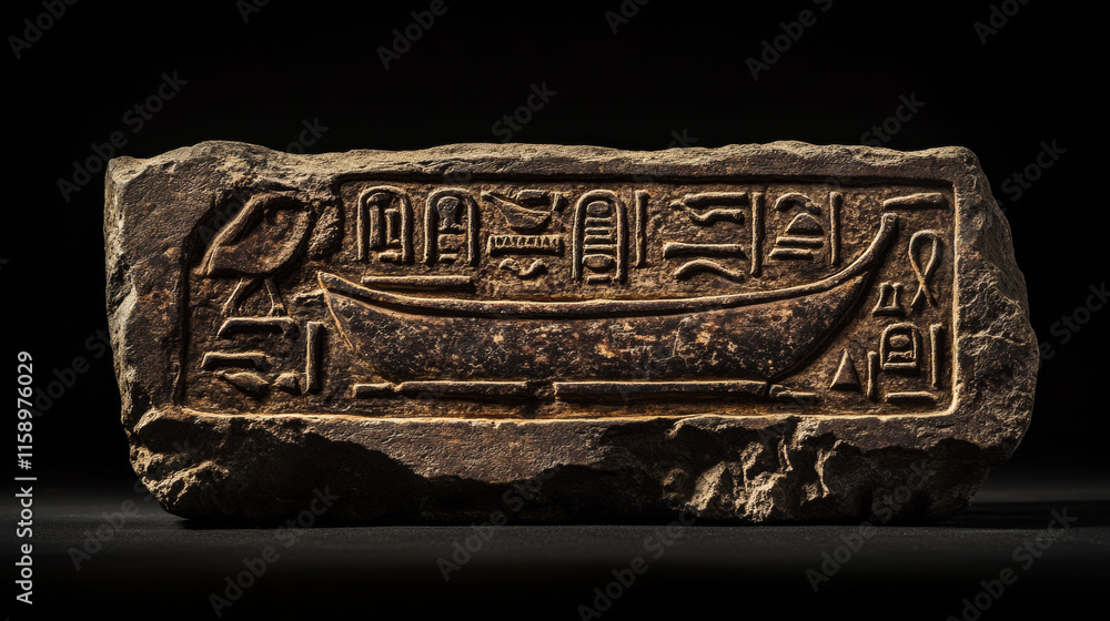 Aufkleber stone board or clay plate with boat ra and egyptian hieroglyphs cartoon vector illustration. ancient