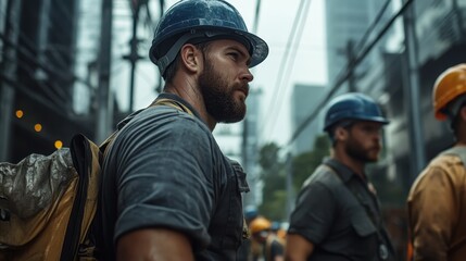 Obraz premium Image depicting construction workers in safety gear, including helmets, actively working at a building site, illustrating teamwork and industrious human effort.