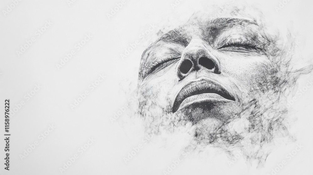 Poster artistic representation of a serene face blending with abstract elements