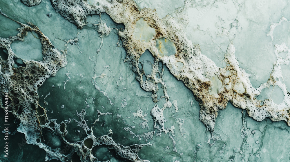 Poster ocean waves creating patterns on the shore with foam and sand during a sunny day