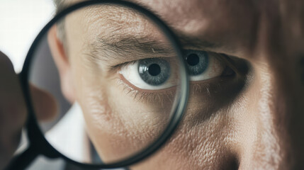 Close up of businessman examining details with magnifying glass, showcasing focus and determination. intense gaze highlights importance of scrutiny in decision making