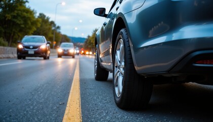 Fototapeta premium Close-up of a car tire on the road with other vehicles in motion during dusk