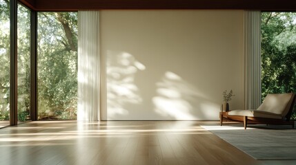 A spacious modern room with large windows revealing nature, filled with sunlight casting warm...