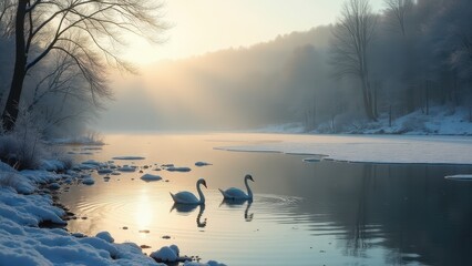 Naklejka premium Changing seasons, Lake reflects thawing woods, ice patches, swans in foreground, photorealistic, tranquil spring.