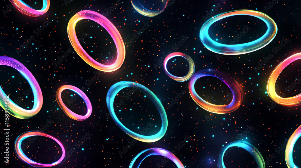 Poster set of three neon oval frames with shining effects and sparkles on dark background. empty glowing te