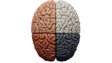 Detailed Visualization of a Human Brain Divided into Four Distinct Sections Representing Different Functions and Characteristics. on white or transparent png