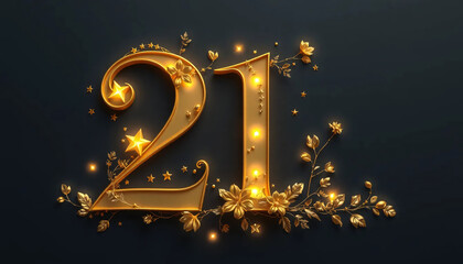 Elegant Gold Number 21 with Stars and Floral Accents on Navy Background