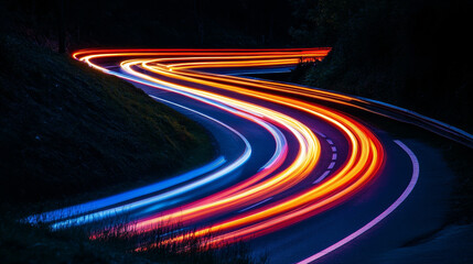 Neon stripes in the form of drill, turns and swirl. Illustration of high speed concept.  Image of speed motion on the road. Abstract background in blue and purple neon glow colors.