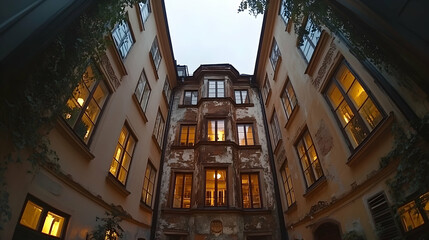 Low-angle view of a historic courtyard at dusk, showing aged building facades with illuminated windows.