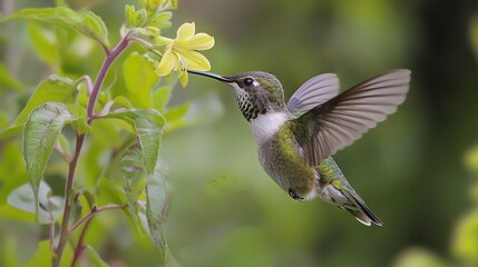 Fototapeta premium A hummingbird flits through the air with its beak agape and a bloom in the foreground, while the background is hazy