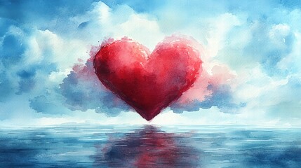Fototapeta premium Captivating valentine heartshaped clouds over serene landscape watercolor artwork ideal copy space for romantic themes