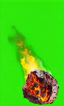 Fiery Meteorite on Green Screen: A blazing meteorite, engulfed in vibrant flames, streaks across a chroma key green screen. Perfect for compositing and visual effects.