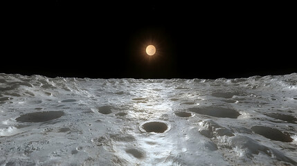 Lunar surface landscape with craters and a sun.