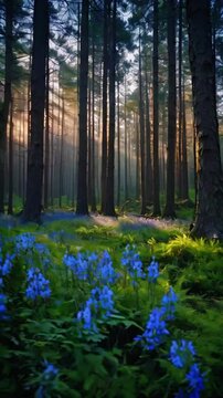 A fantasy world pine trees mystical boundary two realms, ethereal glow bed of wild bluebells climbing roses bordering the forest, 4k Wallpaper Background Animation Video