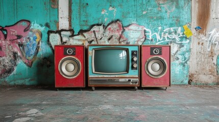 A red retro television flanked by two speakers against a vibrant teal wall covered with urban graffiti, representing artistic expression and vintage charm.