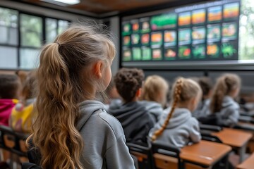 Students attentively watching educational presentation on projector screen in classroom.