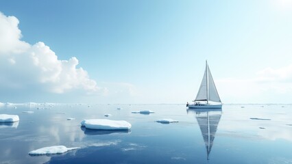 Crisp air turning warm, Thawed sea ice with sailboat, clear ocean horizon, cloudy sky.