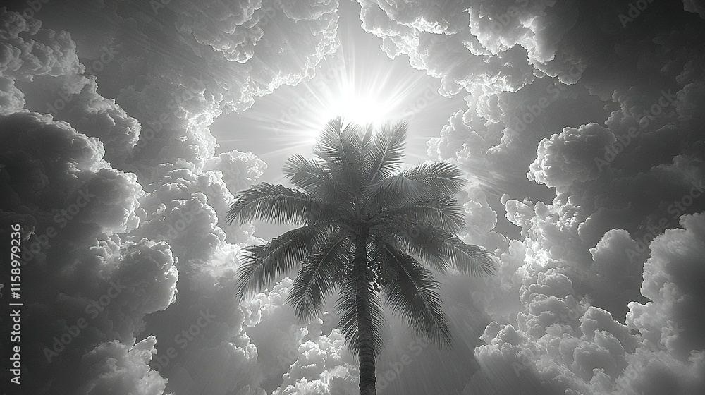Poster a monochrome image of a palm tree with sunlight filtering through cloudy skies during midday