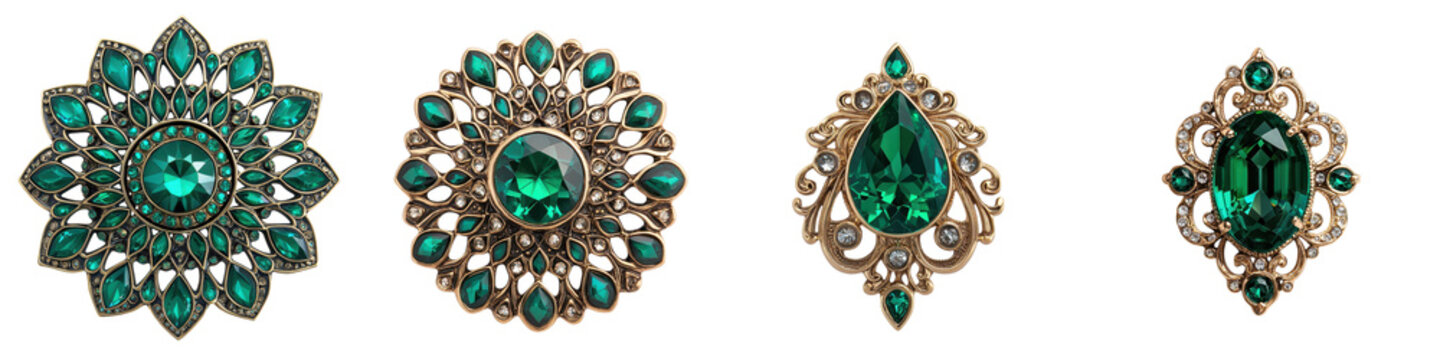 Elegant Emerald Jewelry Designs in Golden Floral Patterns  Beautiful green gemstone brooches pendants and earrings with intricate golden metalwork in floral and nature inspired motifs