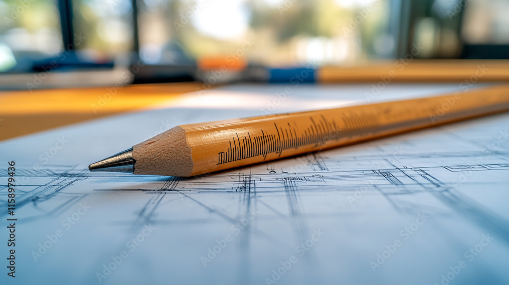 Poster pencil resting on architectural blueprints in a workspace during daylight hours