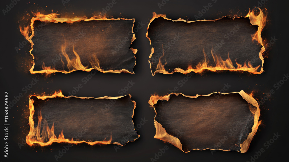 Poster burn paper borders, burnt page with smoldering fire on charred uneven edges, parchment sheets in fla