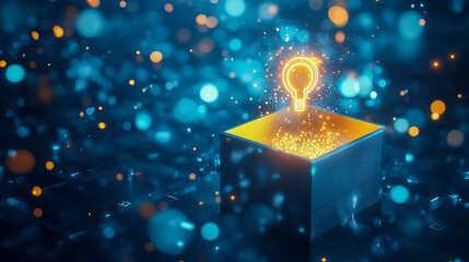 Open box revealing glowing light bulb and gears symbolizing innovation