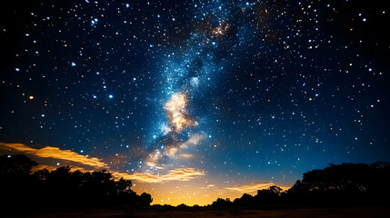 Obraz premium Milky Way galaxy shining brightly over dark trees and orange horizon.