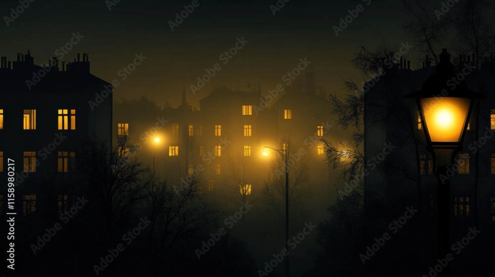 Poster dark cityscape at night with illuminated windows and street lamps creating a mysterious atmosphere. 