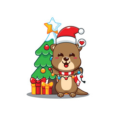 Cute otter with christmas lamp cartoon vector illustration.