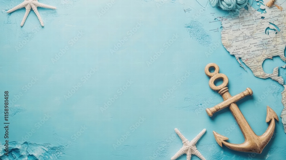 Aufkleber nautical map and anchor with starfish on blue background providing ideal space for text and creative