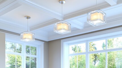 Fototapeta premium Modern Cube Pendant Lights Coffered Ceiling Large Windows Interior Design