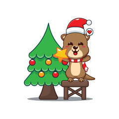 Cute otter decorating the Christmas tree on Christmas day.