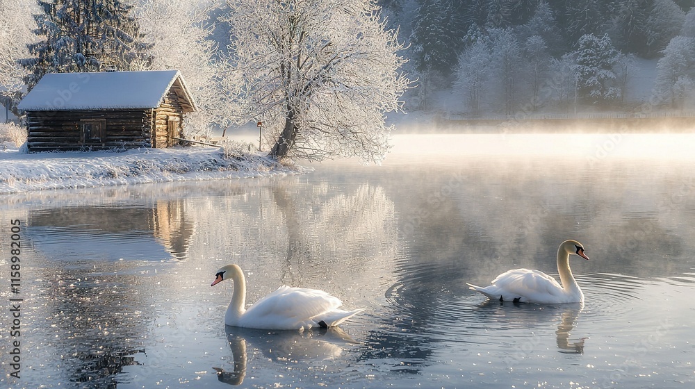 Poster two swans swimming in a lake in front of a log cabin with snow on the ground and trees in the backgr