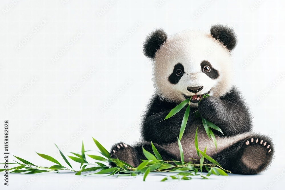 Aufkleber panda enjoys a meal of bamboo sitting comfortably on a clean surface with plenty of open space for t