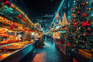 Obraz premium Explore the festive charm of a vibrant Christmas market filled with lights and street food