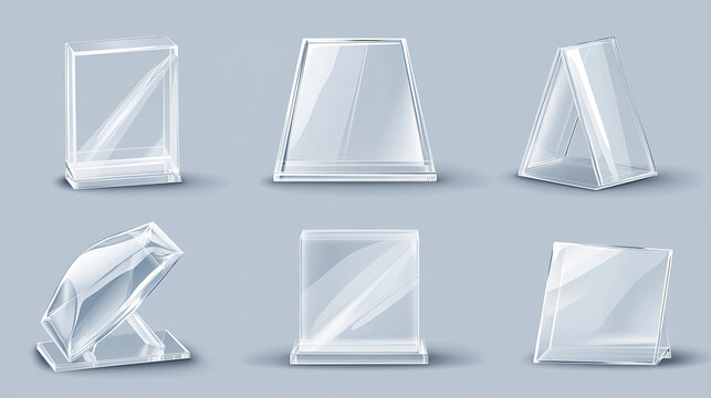 Acrylic card holder, glass or plastic display stand or desk rack for business cards, realistic vector illustration. Set of transparent table holder office organizer isolated on transparent background.