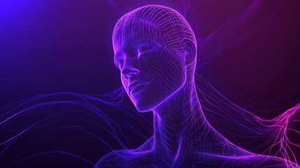 This image features a neon wireframe portrait of a person with a serene expression. The background has vibrant purple and blue hues, emphasizing the artistic design.