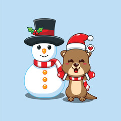 Cute otter playing with Snowman cartoon vector illustration.