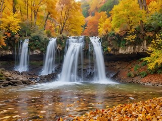 Obraz premium Colorful majestic waterfall in national park forest during autumn