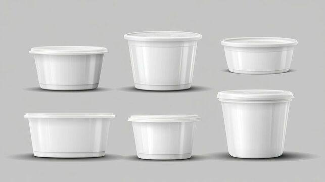 White plastic yogurt package mockup on transparent background. Realistic 3d vector set of food container - cup and tube for dairy product or jam. Blank template of closed milk dessert package.