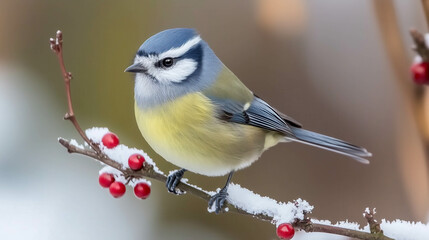 Eurasian blue tit perching on snowy branch with red berries in winter