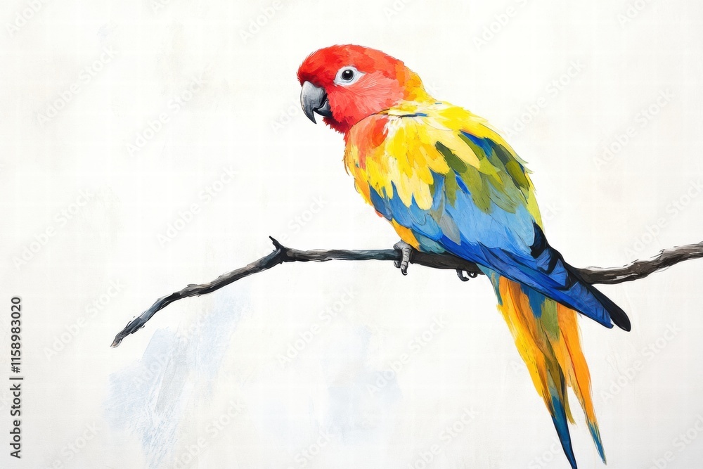 Fototapete bright parrot perched on a branch with vibrant colors and blank space for custom text. generative ai