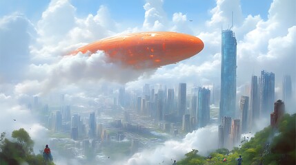 Fototapeta premium Futuristic city with orange airship above clouds.
