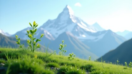 Fototapeta premium First signs of spring, Mountain with snow receding, green shoots, bright sky, photorealistic.