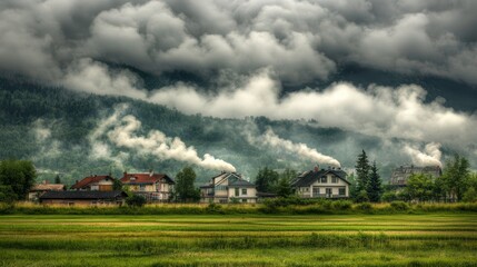 Emissions and Clouds Above a Small Town Landscape